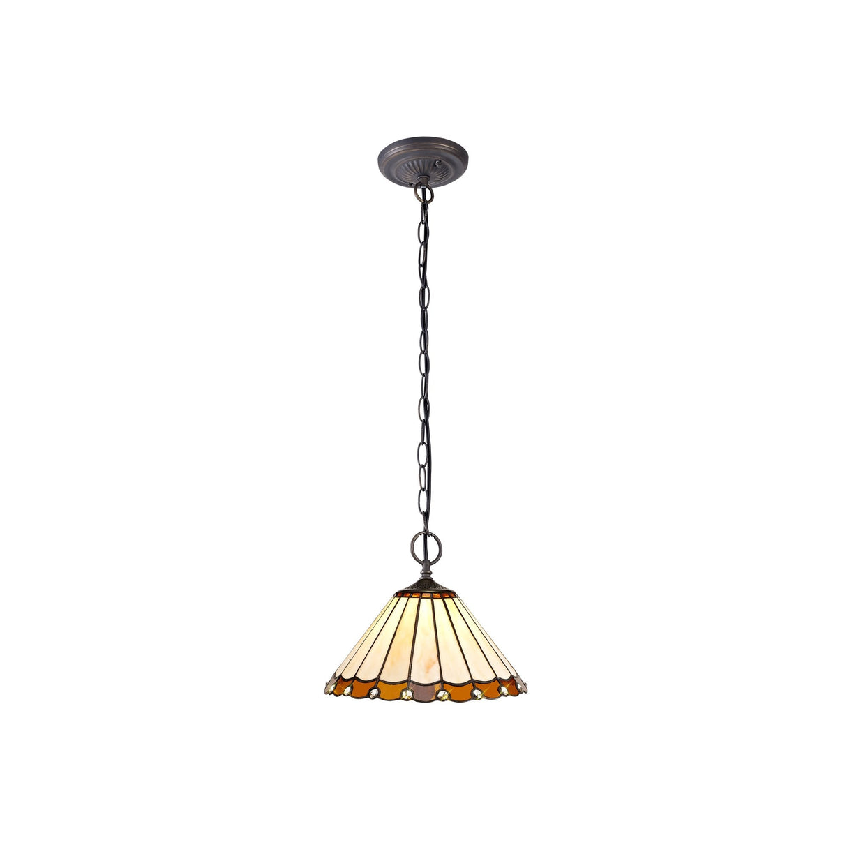 Elegant Two-Light Pendant with 30cm Tiffany Shade in Amber and Cream, Aged Antique Brass Finish