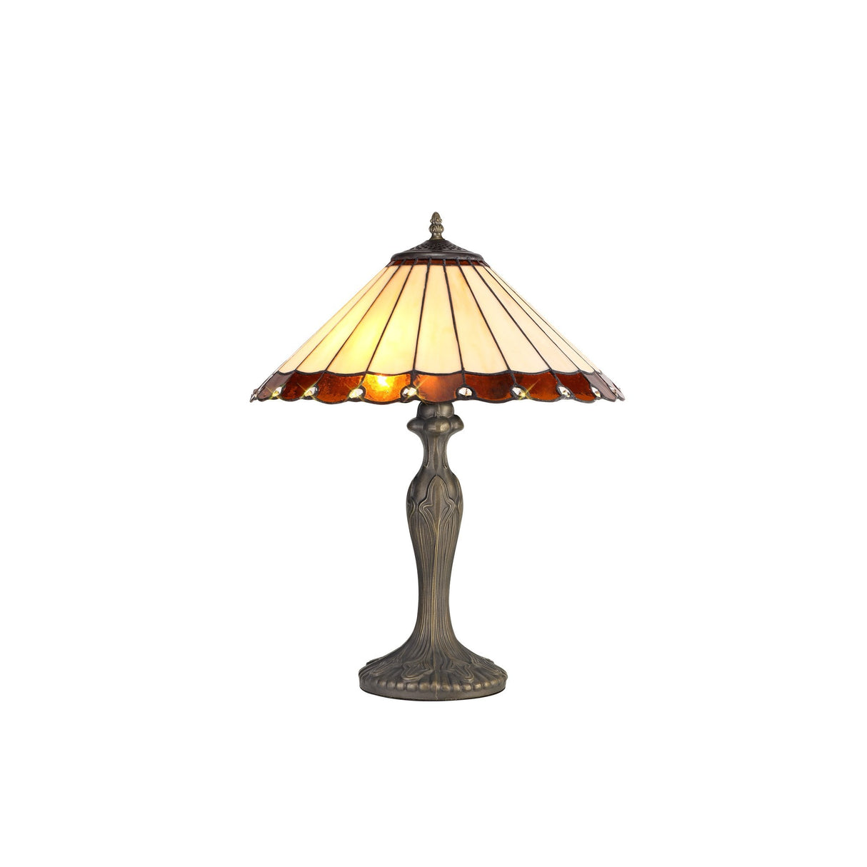 Elegant Dual-Light Curved Table Lamp with 40cm Tiffany Shade in Amber and Antique Brass Finish