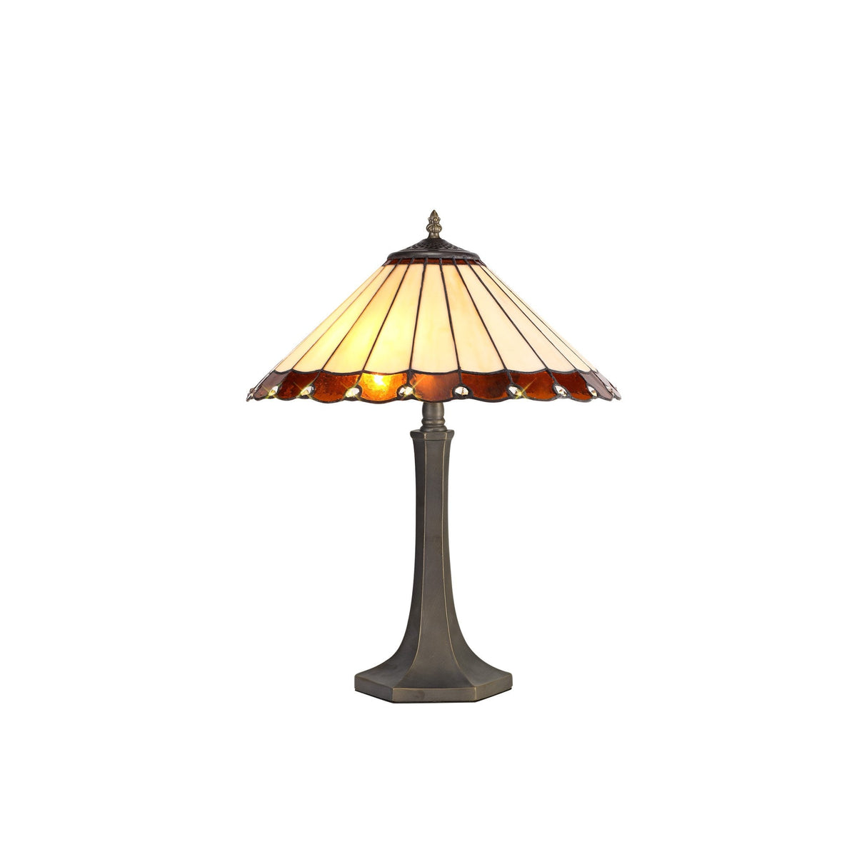 Elegant Amber and Cream Tiffany Table Lamp with Crystal Accents and Antique Brass Base