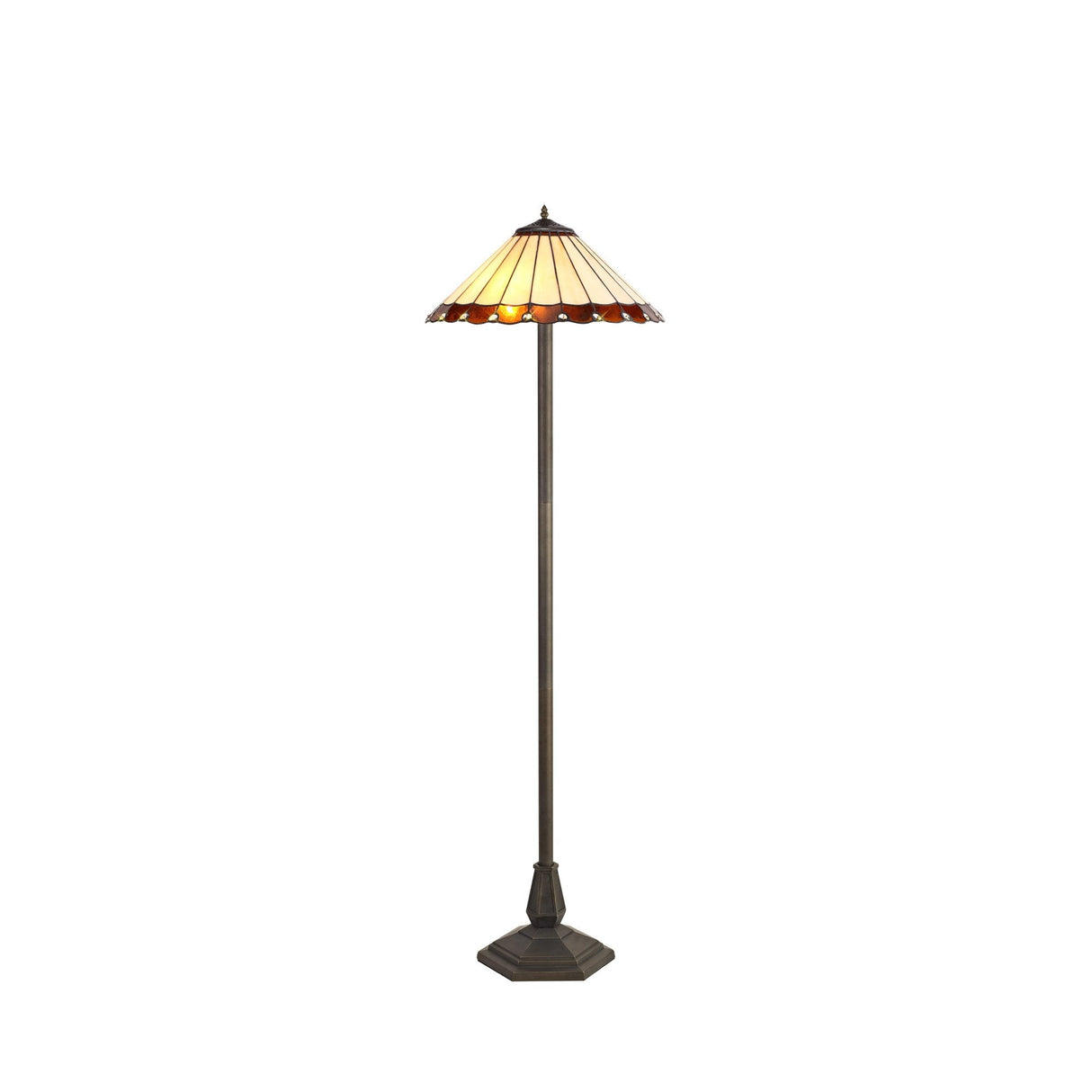 Elegant Octagonal Tiffany Floor Lamp with Amber and Cream Shade in Antique Brass Finish
