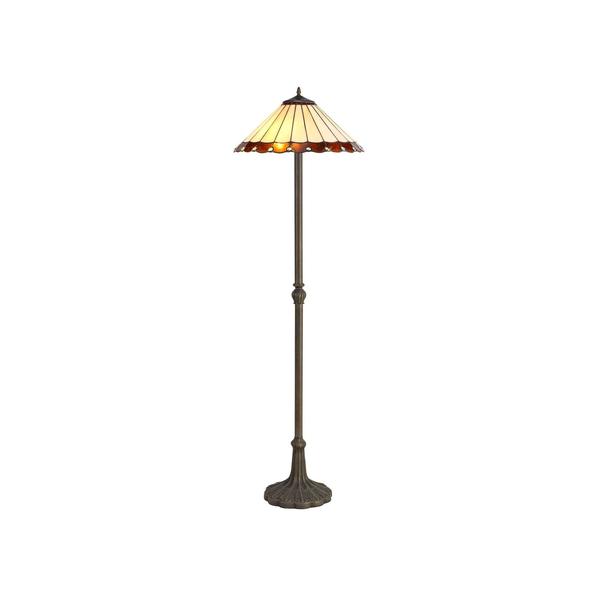 Elegant Antique Brass Floor Lamp with Handcrafted Amber Tiffany Shade and Crystal Accents