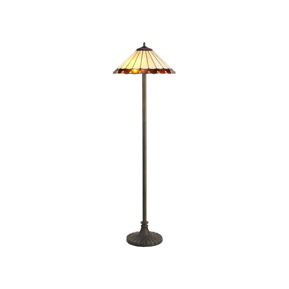 Stepped Design Floor Lamp with Amber/Cream Tiffany Shade and Aged Antique Brass Finish