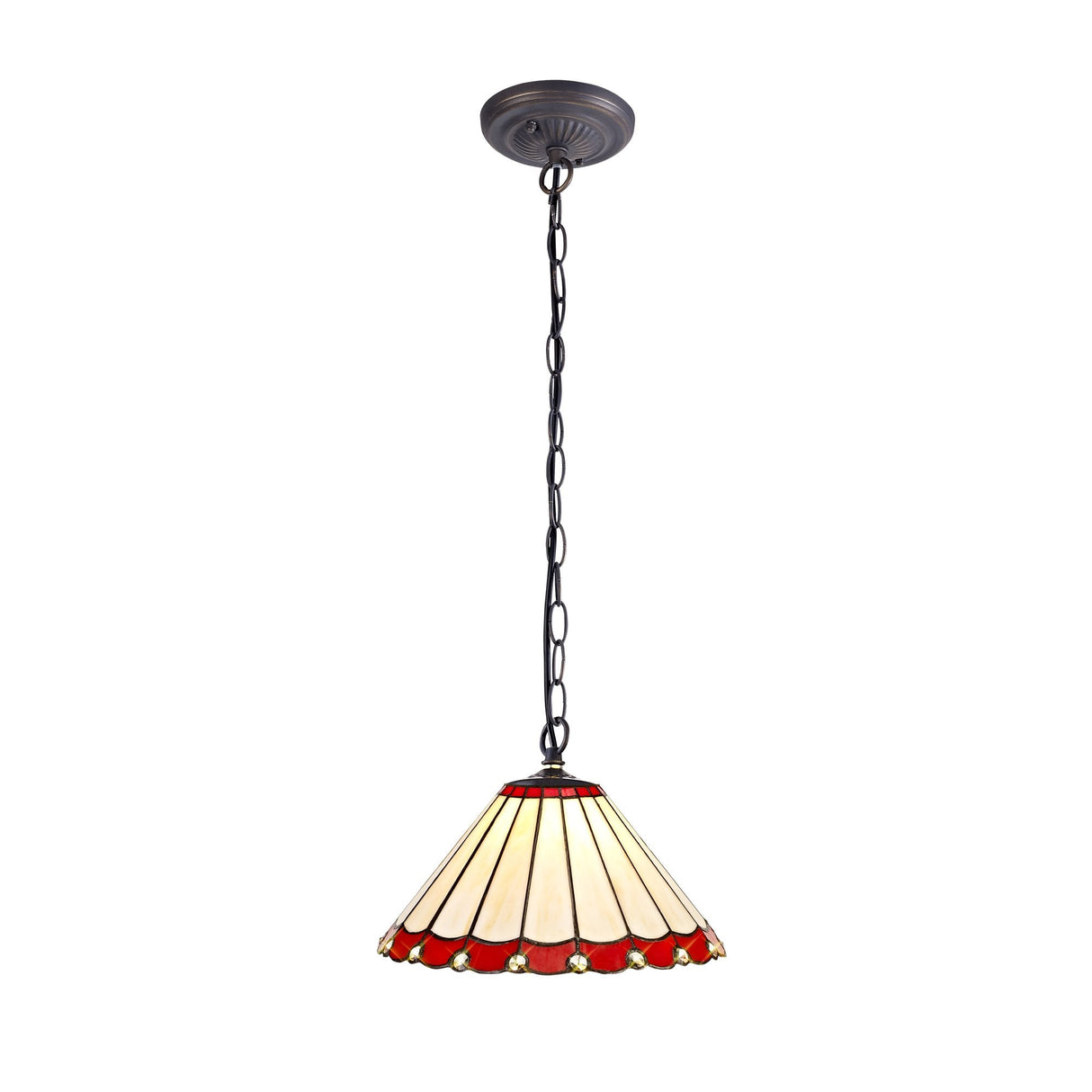 Elegant Tiffany Style Pendant Lamp with Antique Brass Finish and Red/Cream Crystal Detailing