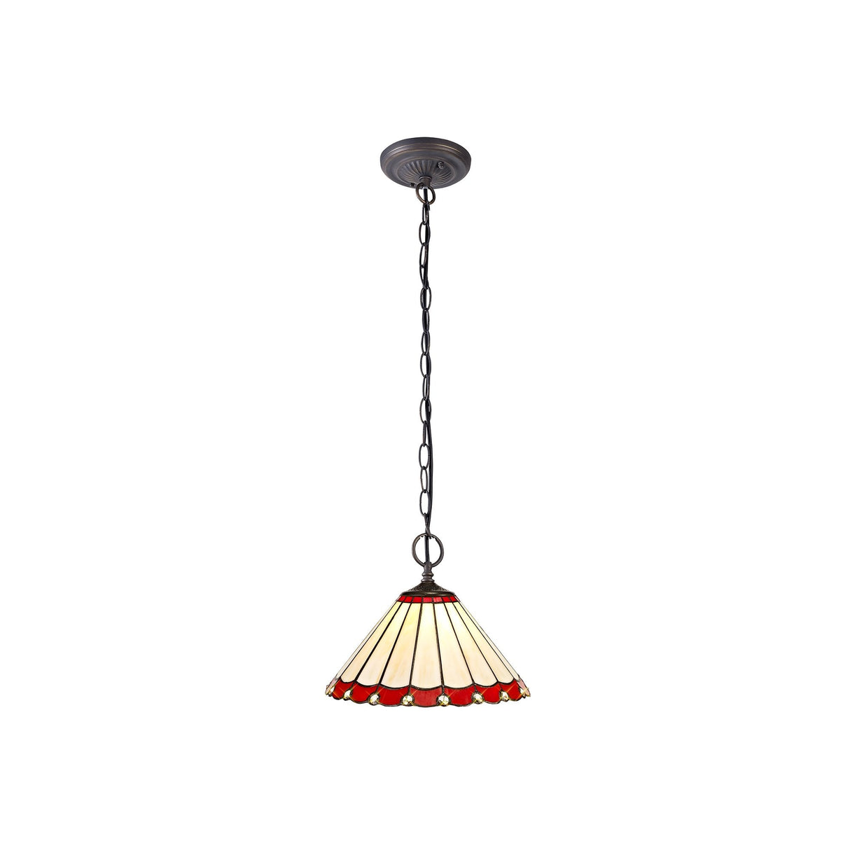 Elegant Tiffany-Style Pendant with Dual Light, Aged Antique Brass and Red/Cream Shade