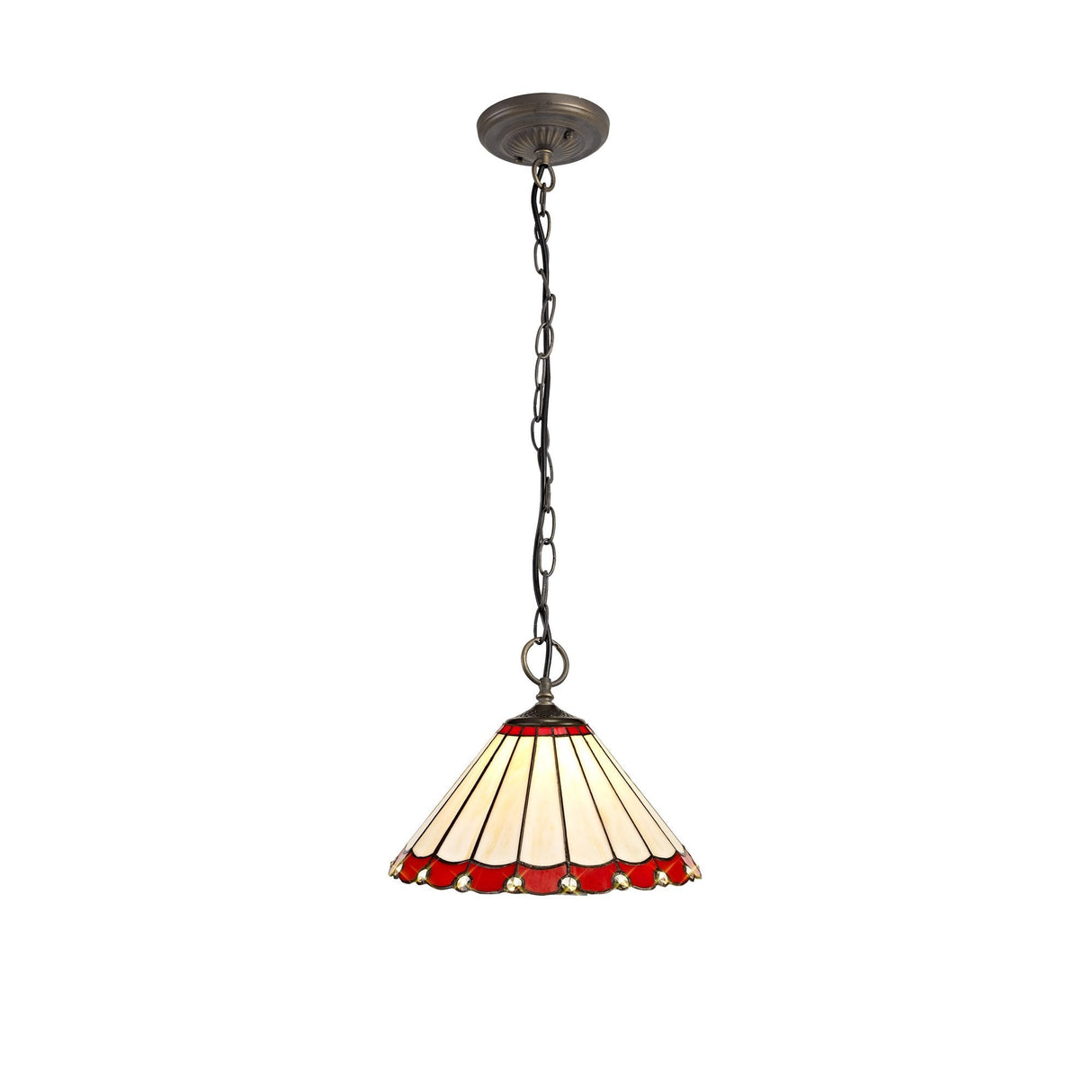 Vintage Tiffany Pendant Light with Red/Cream Shade and Aged Antique Brass Finish