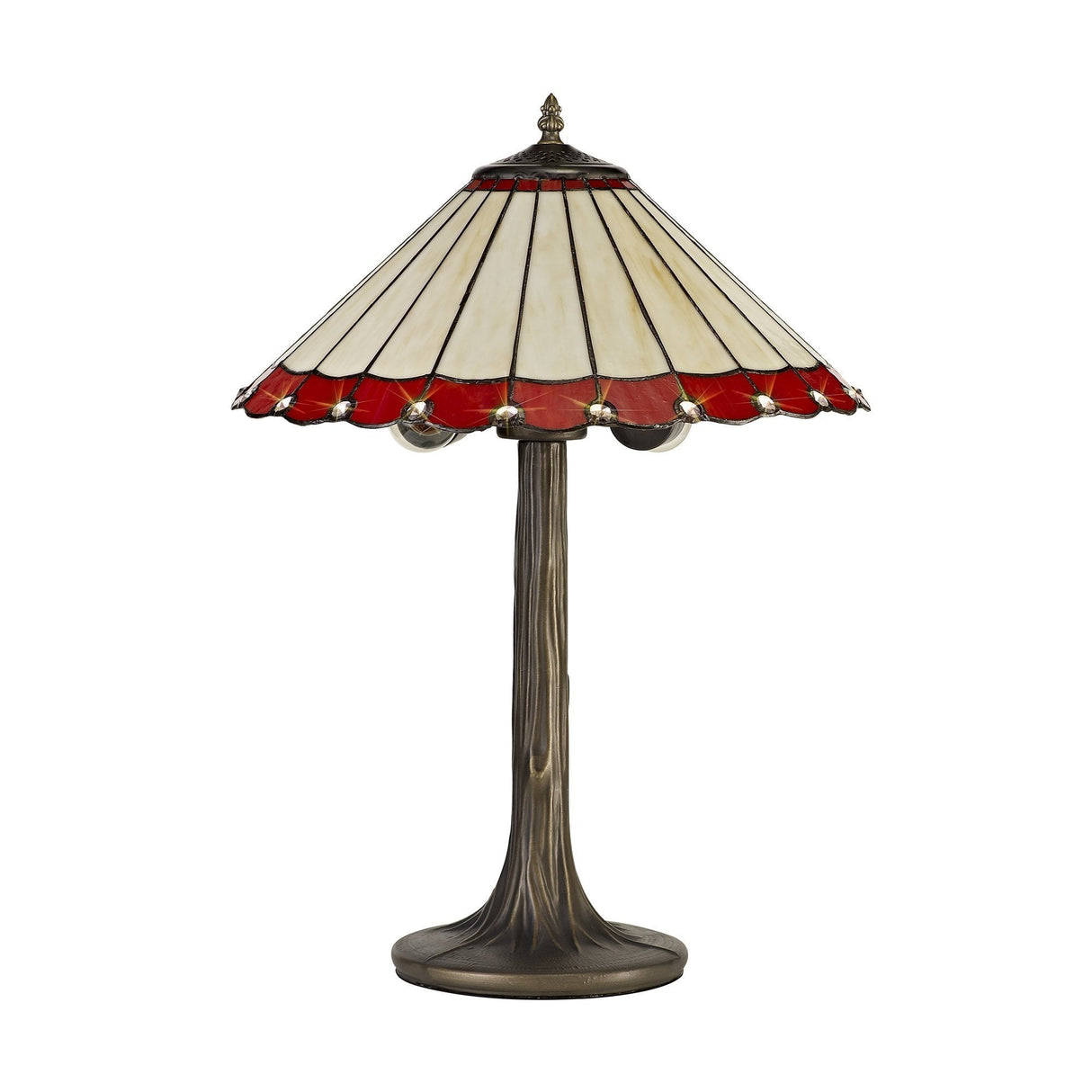 Vintage Two-Light Tree Table Lamp with 40cm Tiffany Shade in Red and Cream, Antique Brass Finish