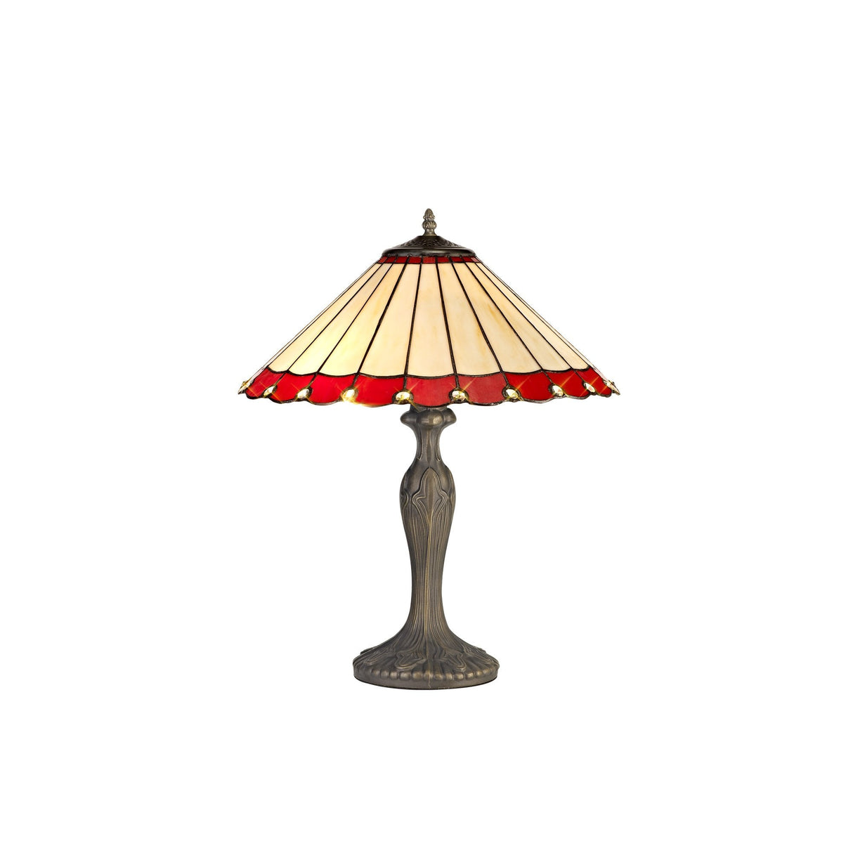 Vintage Elegance: Dual Light Tiffany Table Lamp with Red and Cream Stained Glass Shade