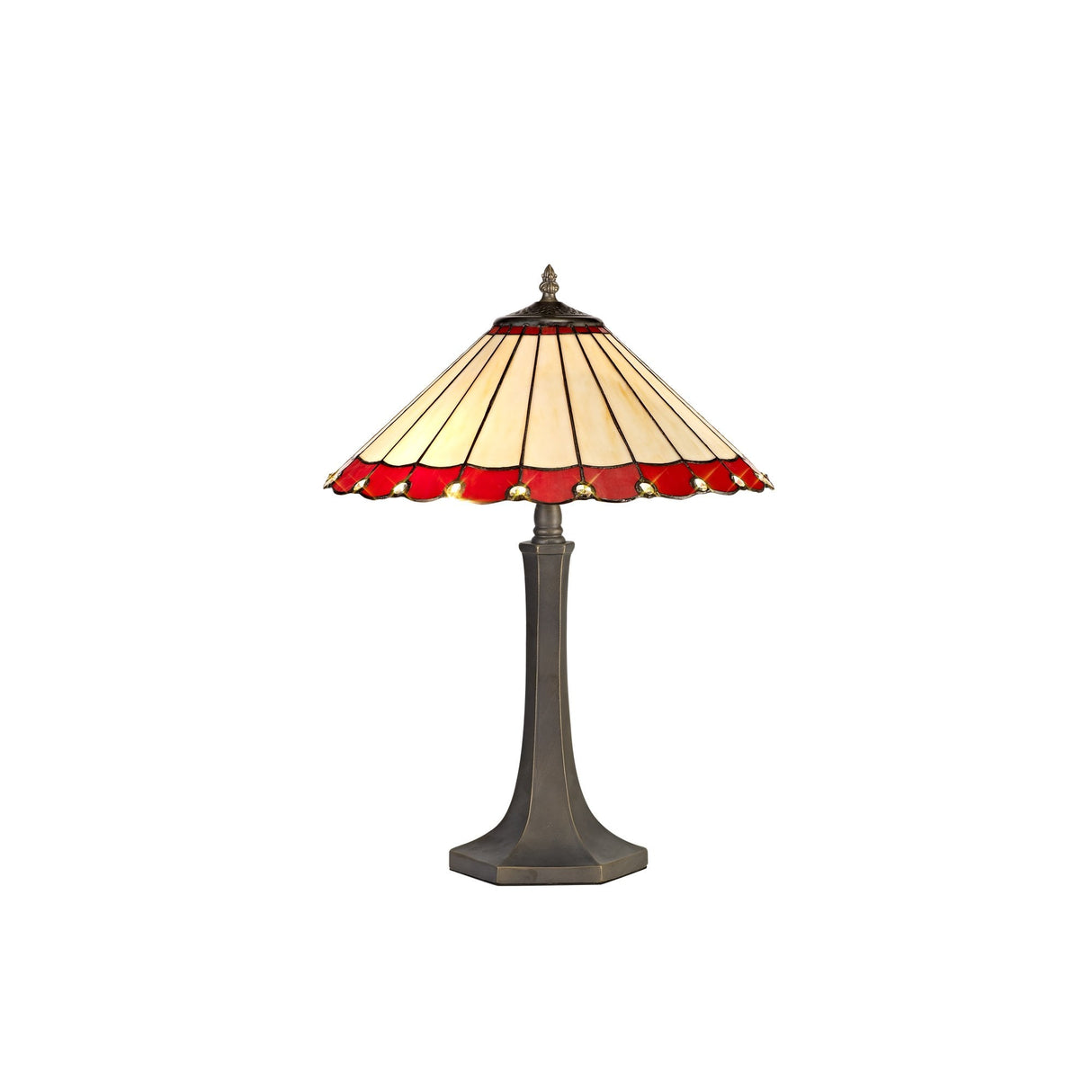 Vintage Octagonal Tiffany Table Lamp with Red/Cream Crystal Shade and Antique Brass Finish