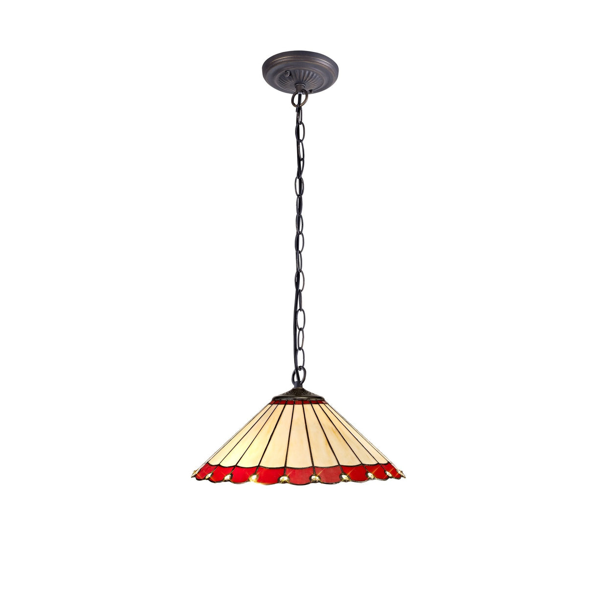 Elegant Vintage Tiffany Pendant Light with Red and Cream Stained Glass Shade and Antique Brass Finish