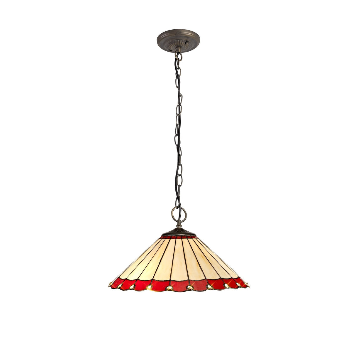 Elegance Pendant Light with 3 E27 Fixtures and 40cm Red/Cream Tiffany Shade in Antique Brass Finish