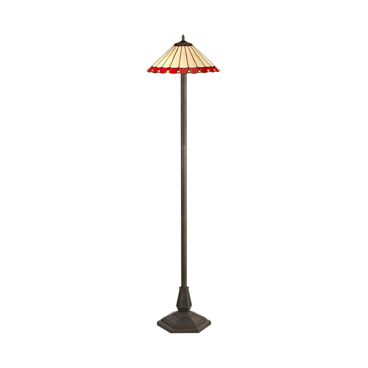 Vintage Octagonal Tiffany Floor Lamp with Red and Cream Stained Glass Shade and Antique Brass Finish
