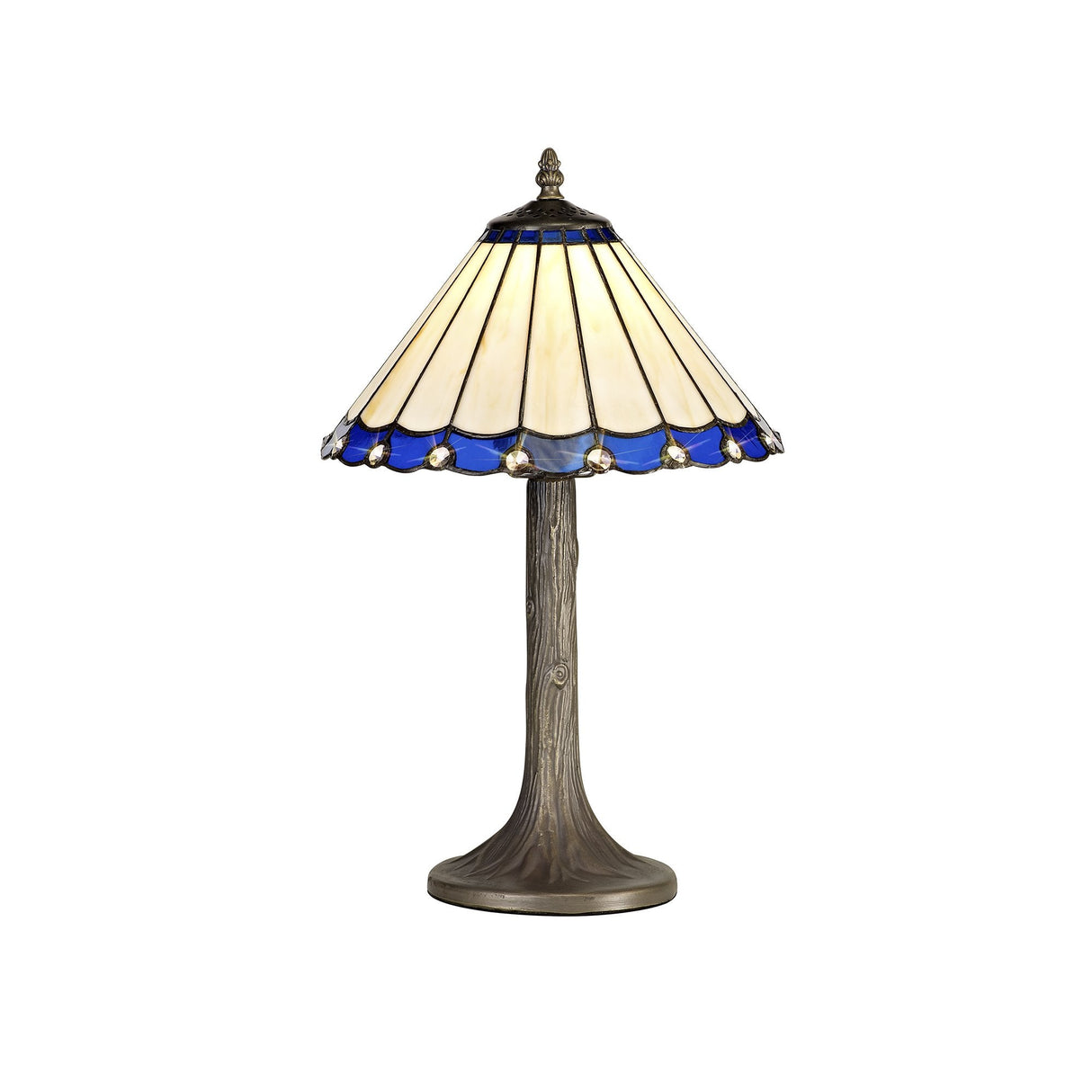 Tree-Inspired Tiffany Table Lamp with Blue and Cream Shade, Antique Brass Finish