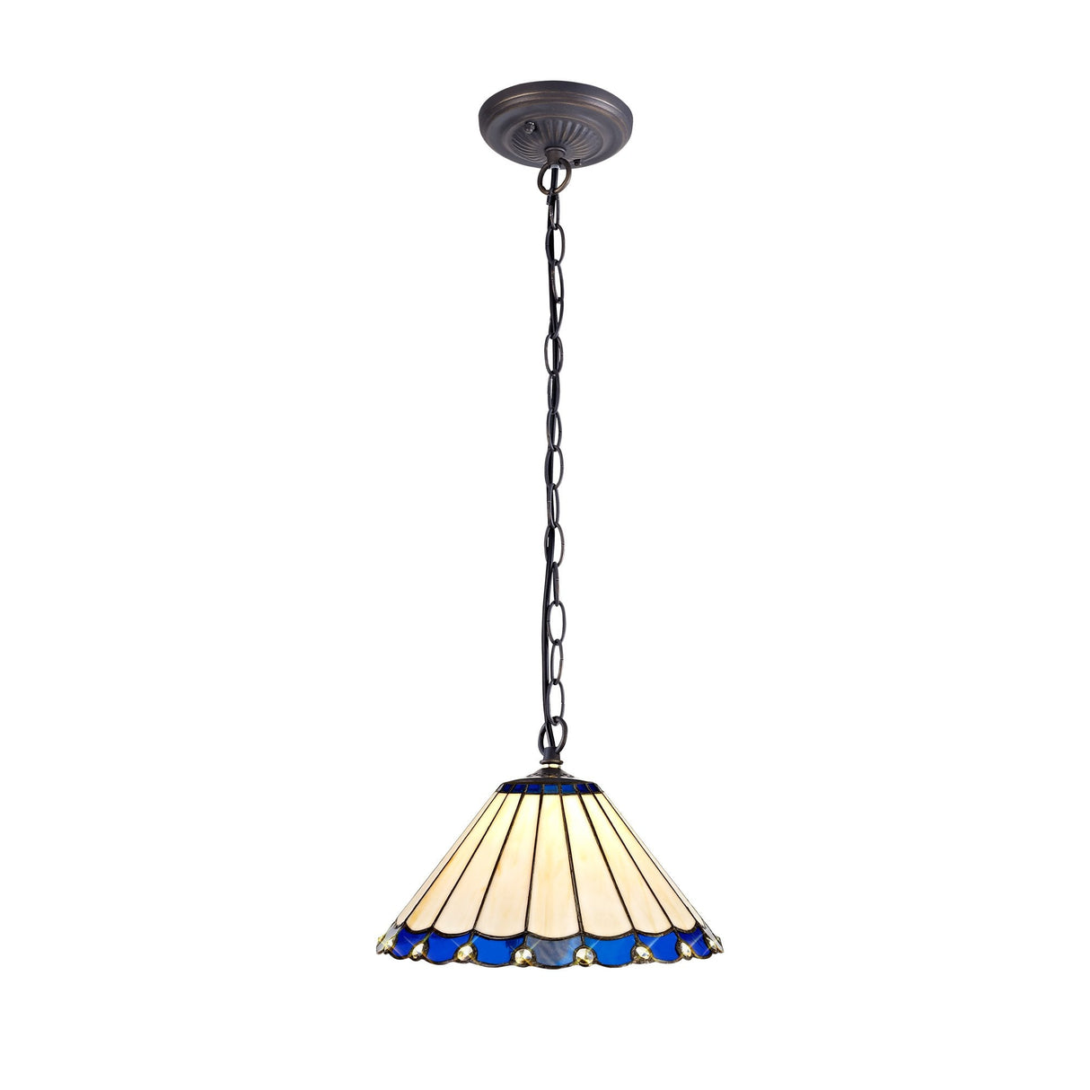Elegant Tiffany Style Pendant with Aged Brass and Crystal Accent, Blue/Cream Shade