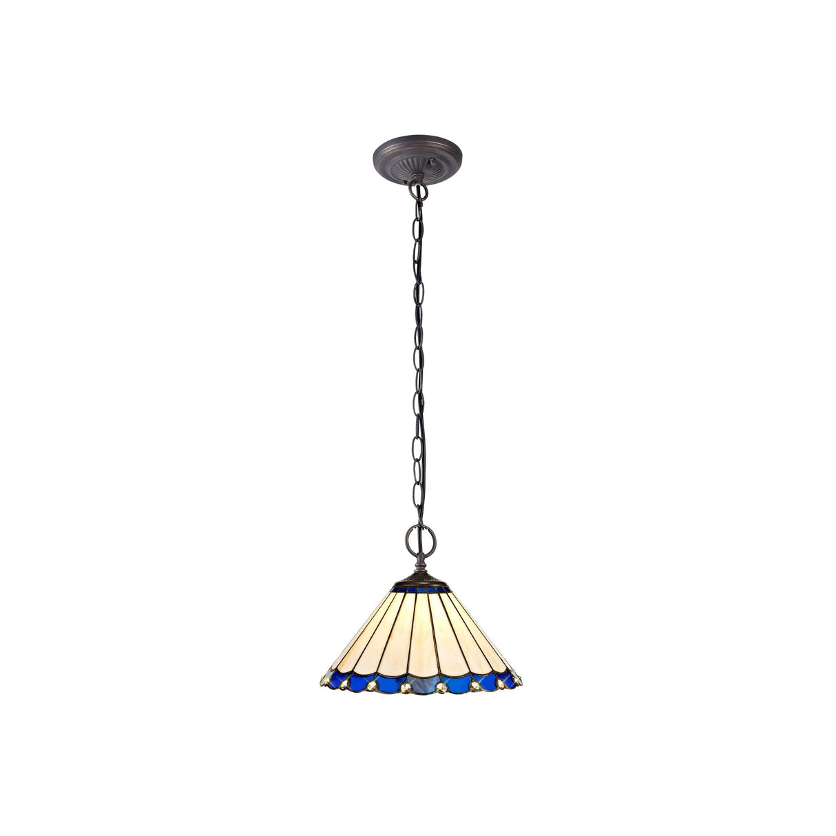 Vintage Two-Light Pendant with Tiffany-Style Blue/Cream Shade and Antique Brass Finish