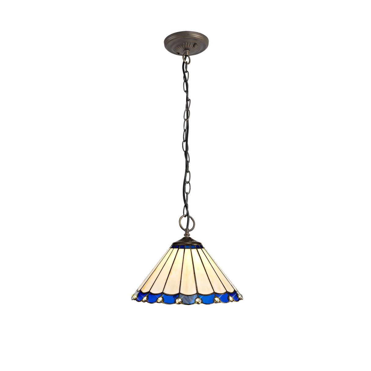 Tiffany-Style 3-Light Pendant with Blue & Cream Stained Glass and Antique Brass Finish