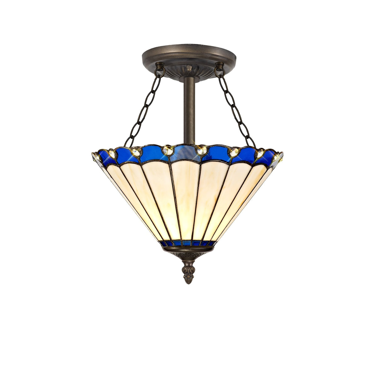 Tiffany-Inspired 3-Light Semi-Flush Ceiling Fixture in Blue/Cream with Aged Antique Brass Accents