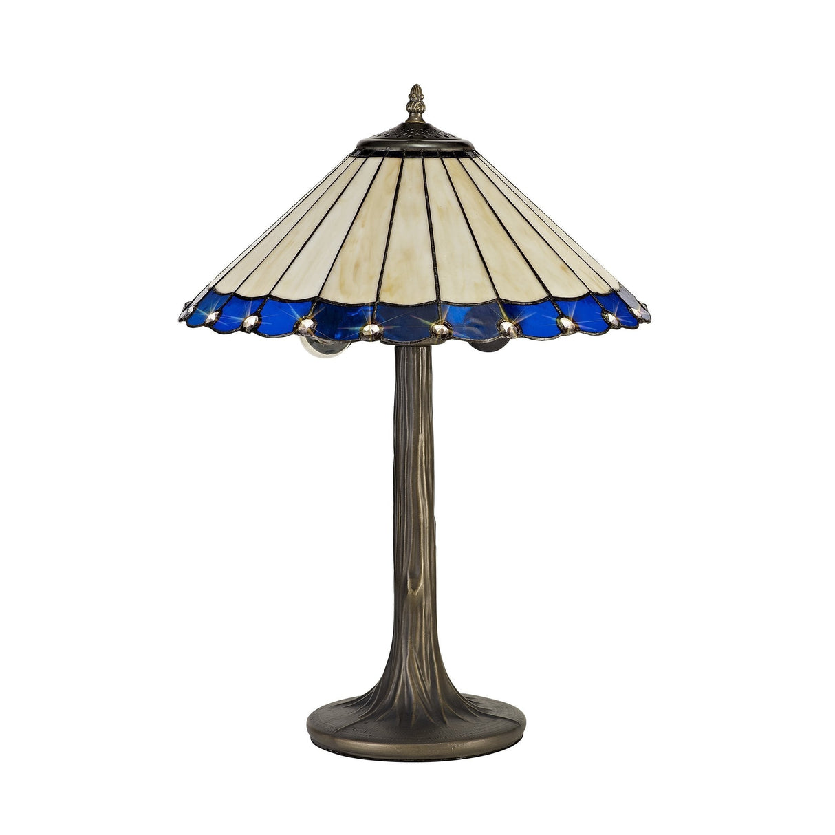 Elegant Dual-Bulb Tree Table Lamp with Tiffany Blue/Cream Shade & Aged Brass Finish