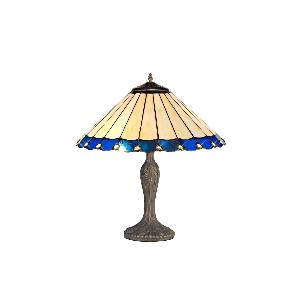 Elegant Dual-Light Tiffany Table Lamp with Antique Brass Finish and Blue-Cream Crystal Shade