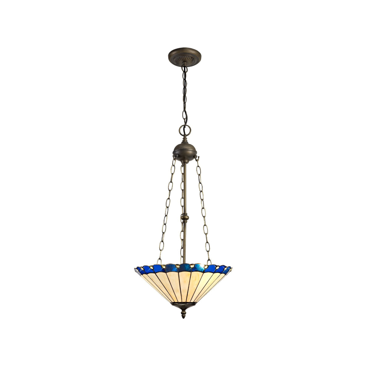 Tiffany-Inspired 3-Light Pendant with Blue and Cream Shade, Aged Antique Brass Finish
