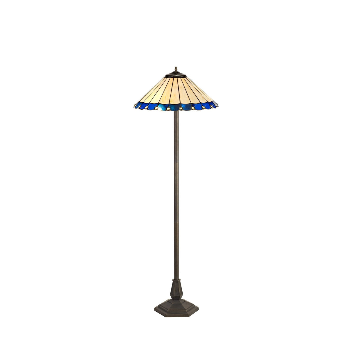 Octagonal Tiffany Style Floor Lamp with Blue and Cream Shade in Antique Brass Finish
