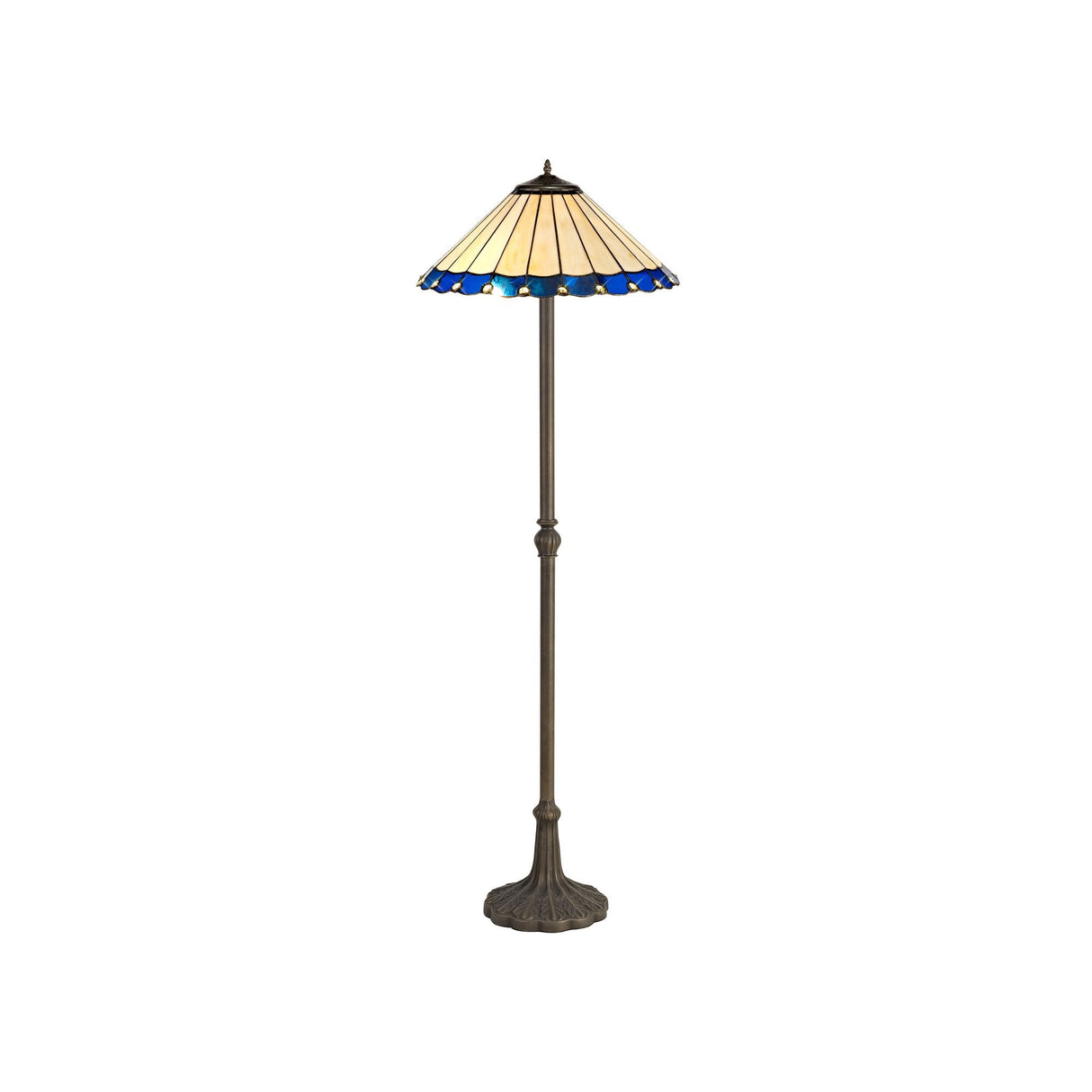 Antique Brass Tiffany Floor Lamp with Blue Tiffany Shade and Leaf Design