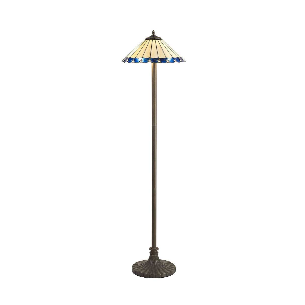 Elegant 2-Light Tiffany-Style Floor Lamp with Blue and Cream Stained Glass Shade and Antique Brass Finish
