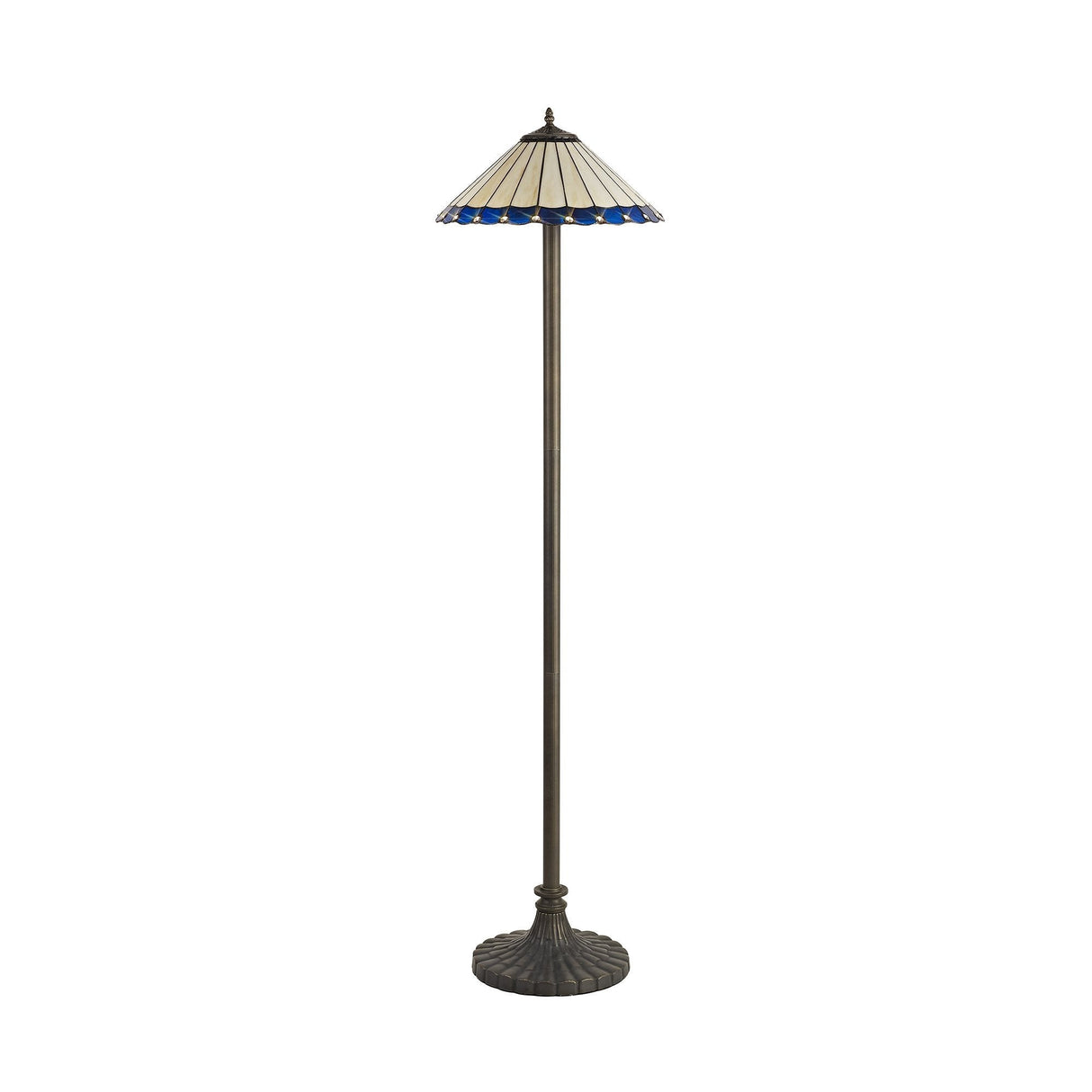 Elegant 2-Light Tiffany-Style Floor Lamp with Blue and Cream Stained Glass Shade and Antique Brass Finish