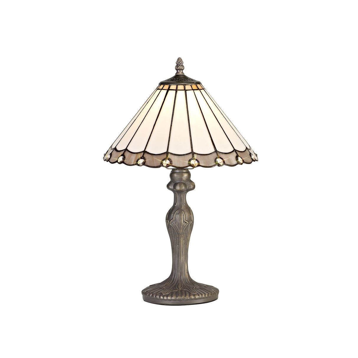 Elegant Curved Table Lamp with 30cm Tiffany Shade, Antique Brass and Crystal Accents