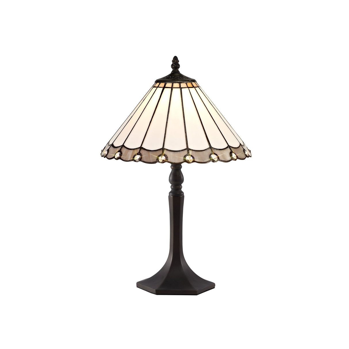 Octagonal Tiffany Table Lamp with Aged Antique Brass and Crystal Detailing, 30cm Shade