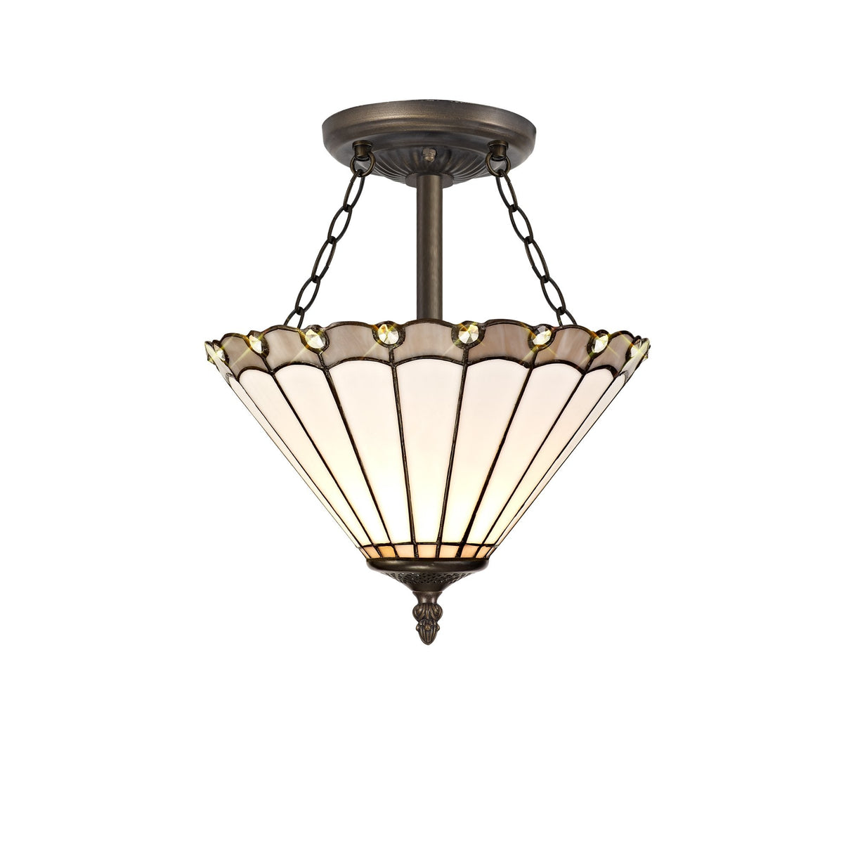 Elegant Triple-Light Semi-Flush Ceiling Fixture with 30cm Tiffany Shade in Aged Antique Brass and Crystal Accents