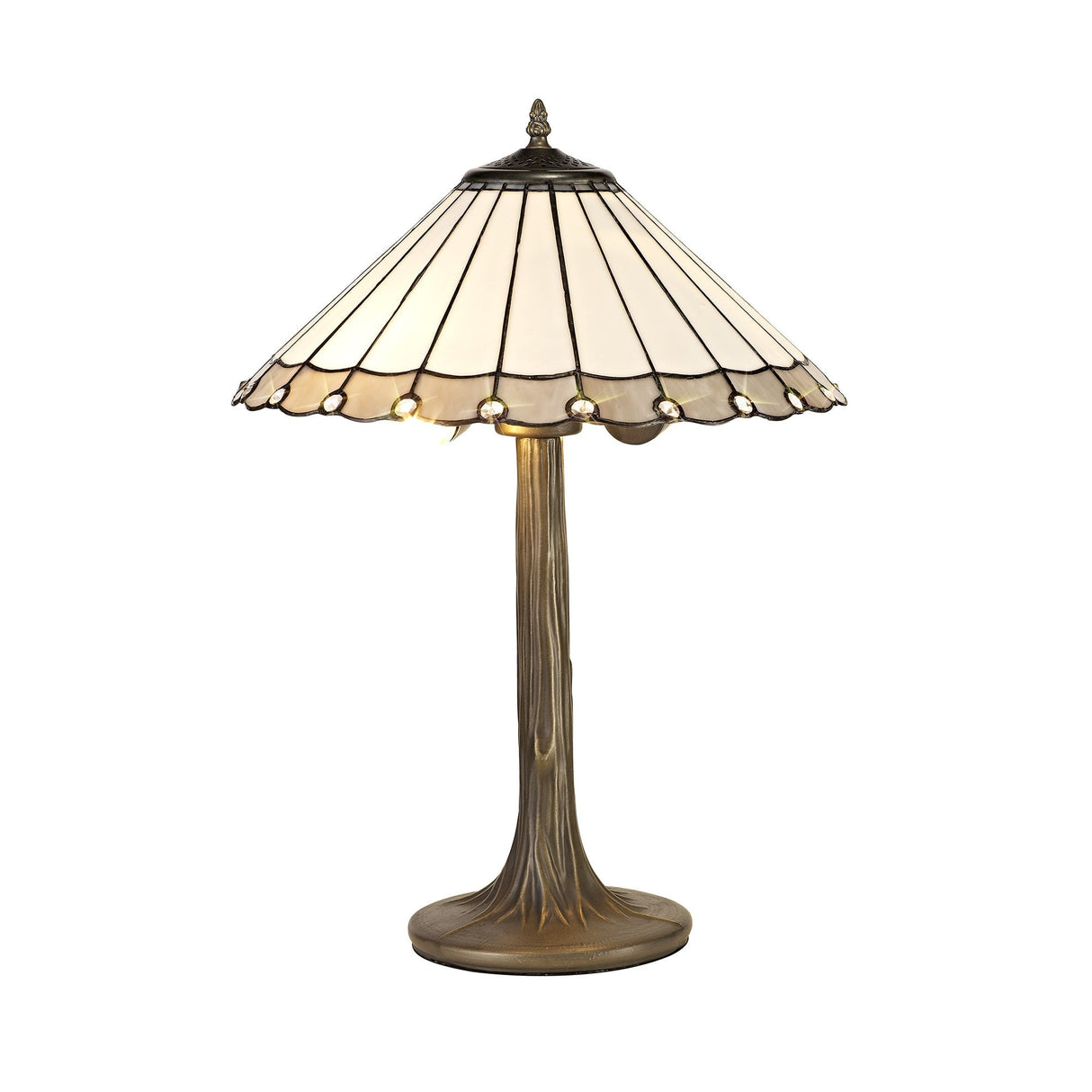 Elegant Dual-Arm Tiffany Table Lamp with Crystal Accents in Grey/Cream and Antique Brass Finish