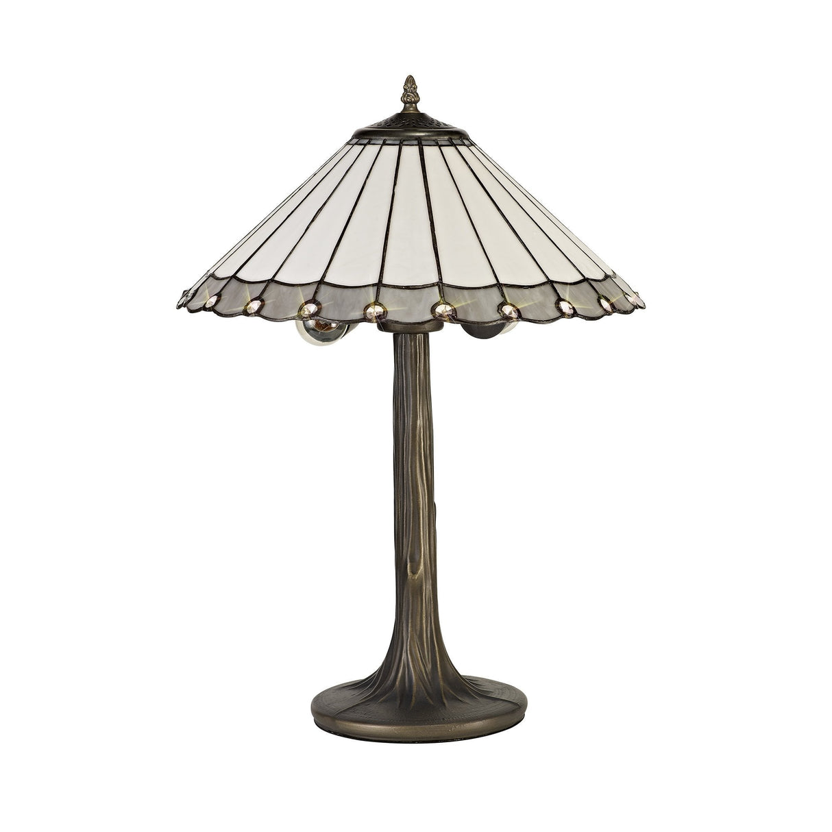 Elegant Dual-Arm Tiffany Table Lamp with Crystal Accents in Grey/Cream and Antique Brass Finish