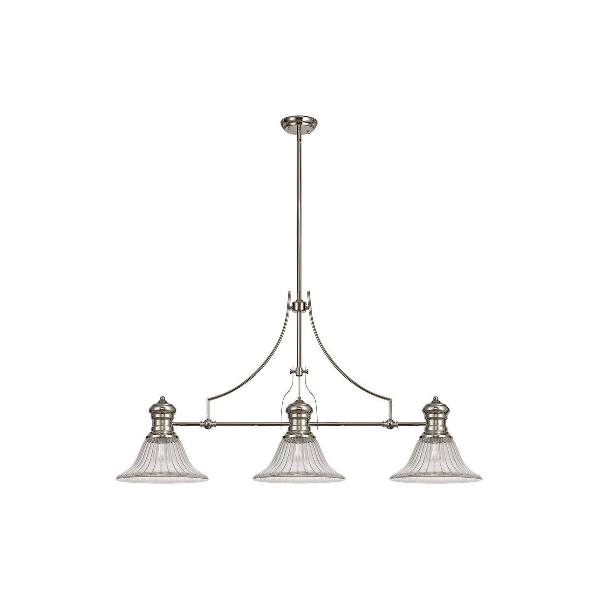 Triple Light Telescopic Pendant with 30cm Clear Glass Bell Shades, Polished Nickel Finish
