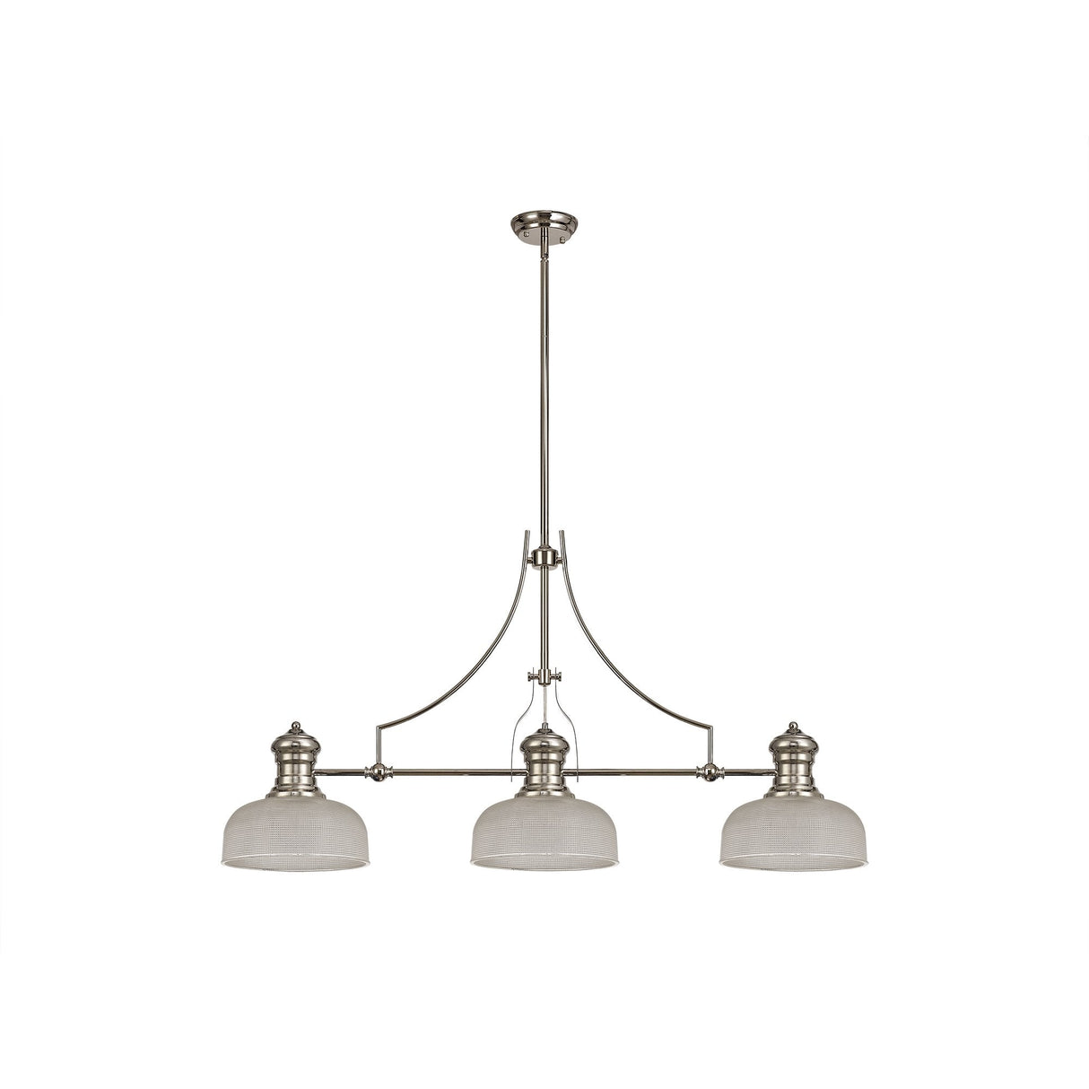 Triple Light Adjustable Pendant with Prismatic Glass Shades in Polished Nickel Finish