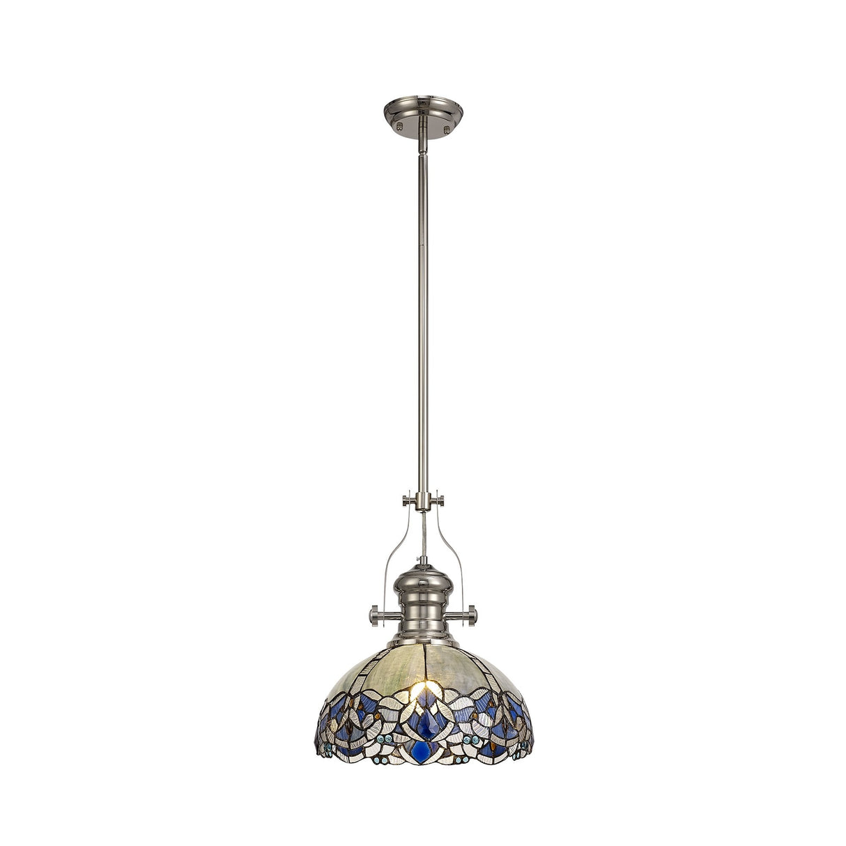 Elegant Tiffany-inspired Blue Pendant Light with Polished Nickel Finish and Crystal Accents