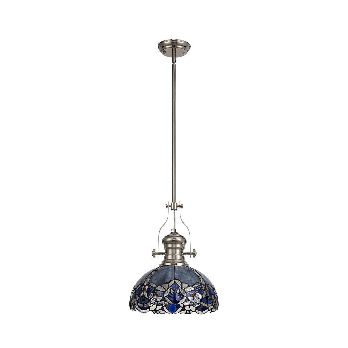 Elegant Tiffany-inspired Blue Pendant Light with Polished Nickel Finish and Crystal Accents