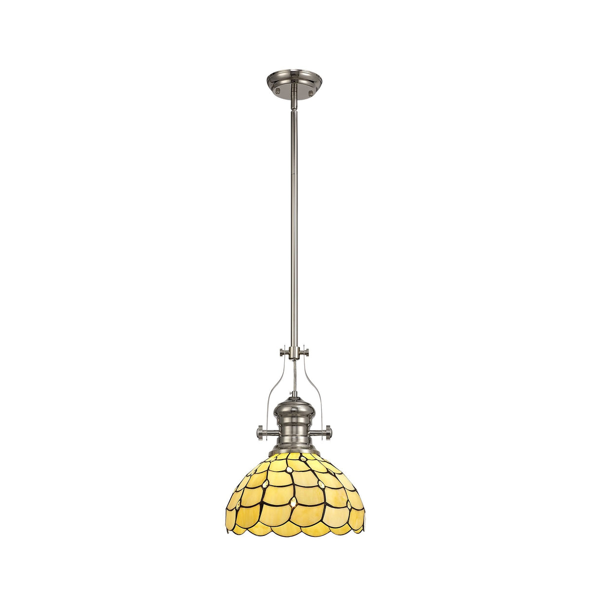 Elegant Polished Nickel Pendant with Tiffany Shade and Crystal Accents