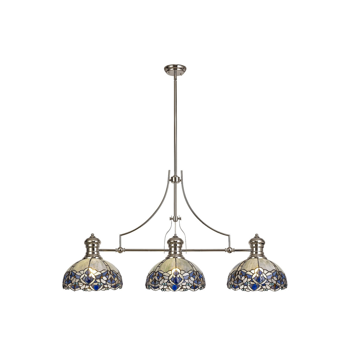 Tri-Light Telescoping Pendant with Blue Tiffany Shades and Crystal Accents in Polished Nickel Finish
