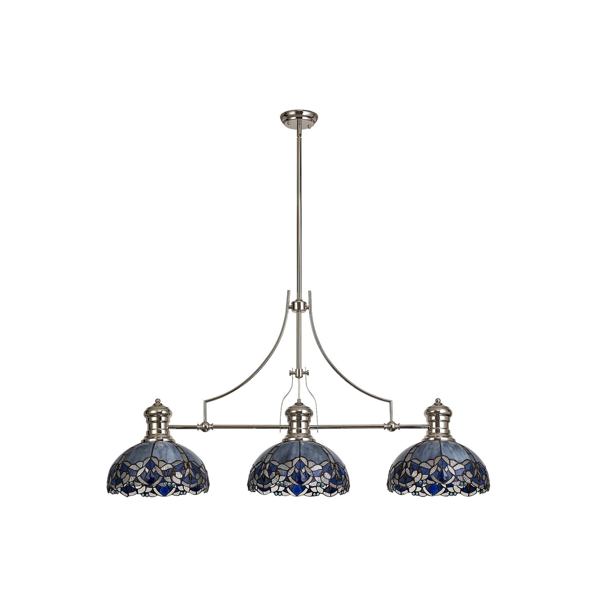 Tri-Light Telescoping Pendant with Blue Tiffany Shades and Crystal Accents in Polished Nickel Finish