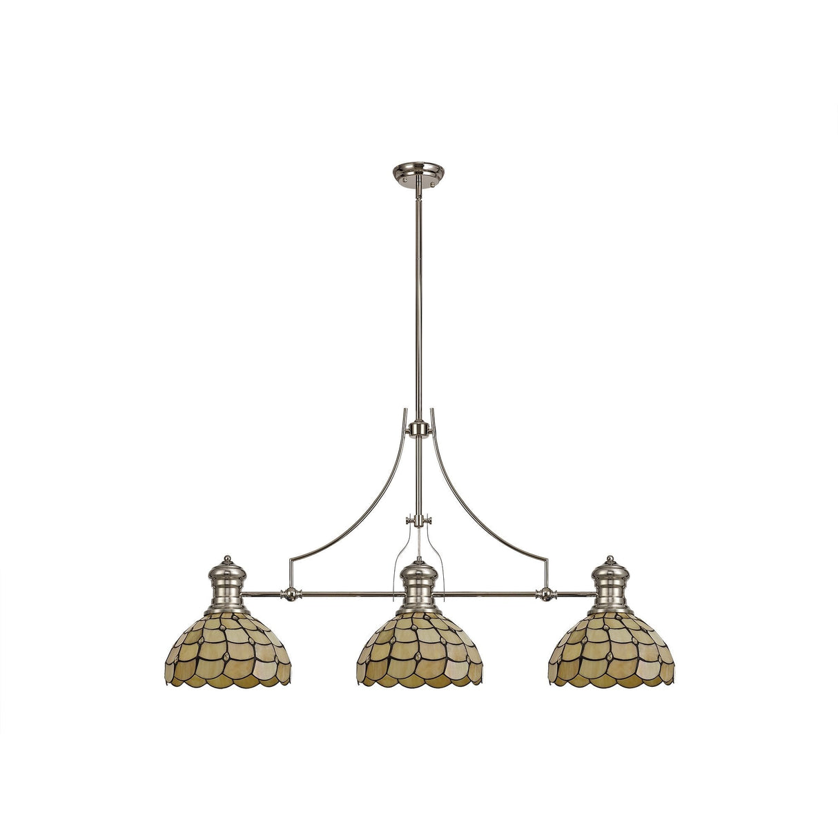 Elegant Polished Nickel Pendant with Tiffany Shades and Crystal Accents, 3-Light E27 Fixture