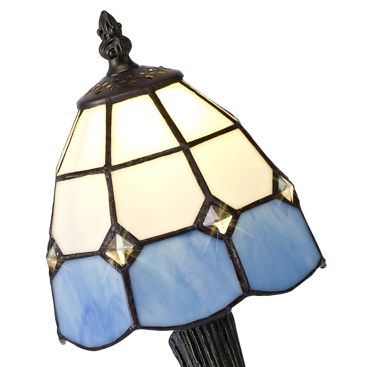 Tiffany-Style Crystal Table Lamp with White/Blue/Clear Shade and Black/Gold Accents