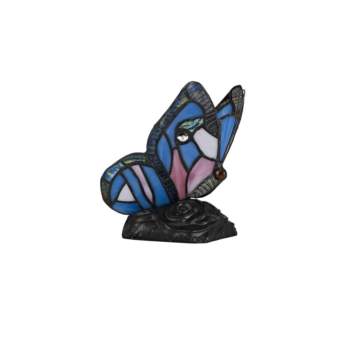 Tiffany Butterfly Table Lamp with Black Base, Blue/Pink Stained Glass, and Clear Crystal Accents