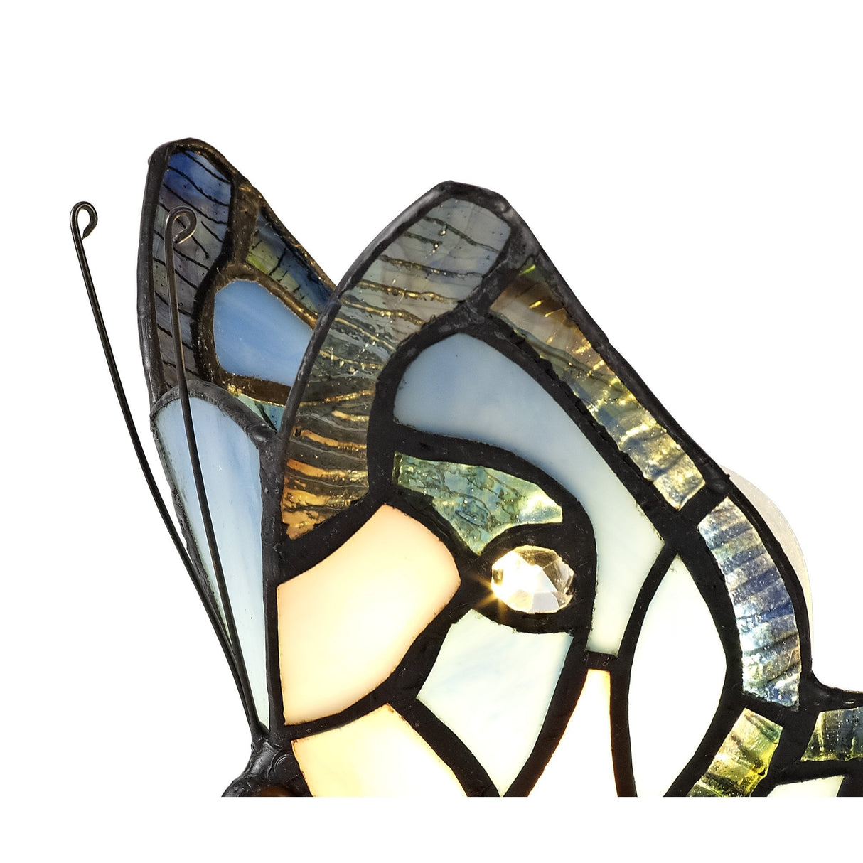 Tiffany Butterfly Table Lamp with Black Base, Blue/Pink Stained Glass, and Clear Crystal Accents
