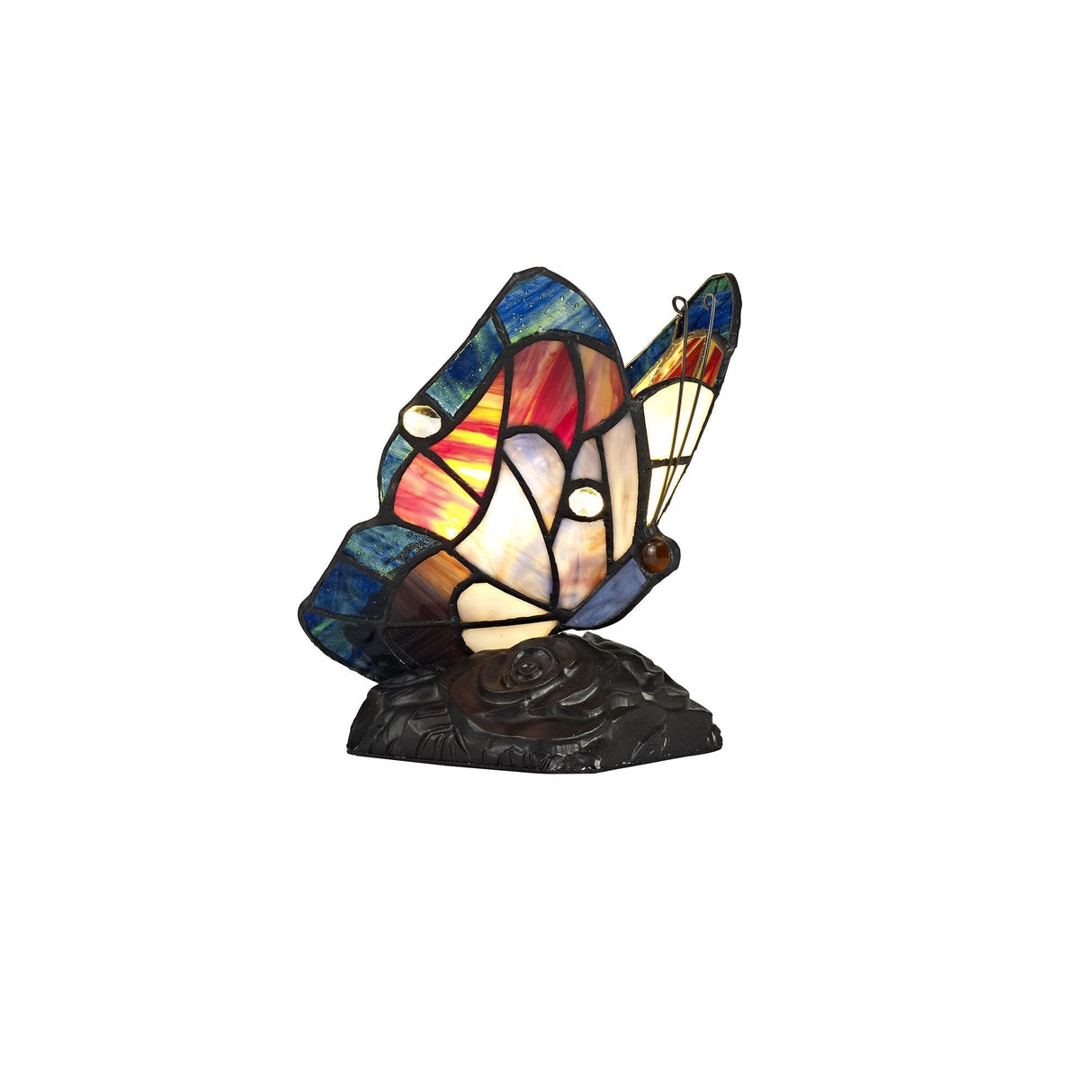 Tiffany Inspired Butterfly Accent Lamp with Blue/Brown Stained Glass and Crystal Detailing