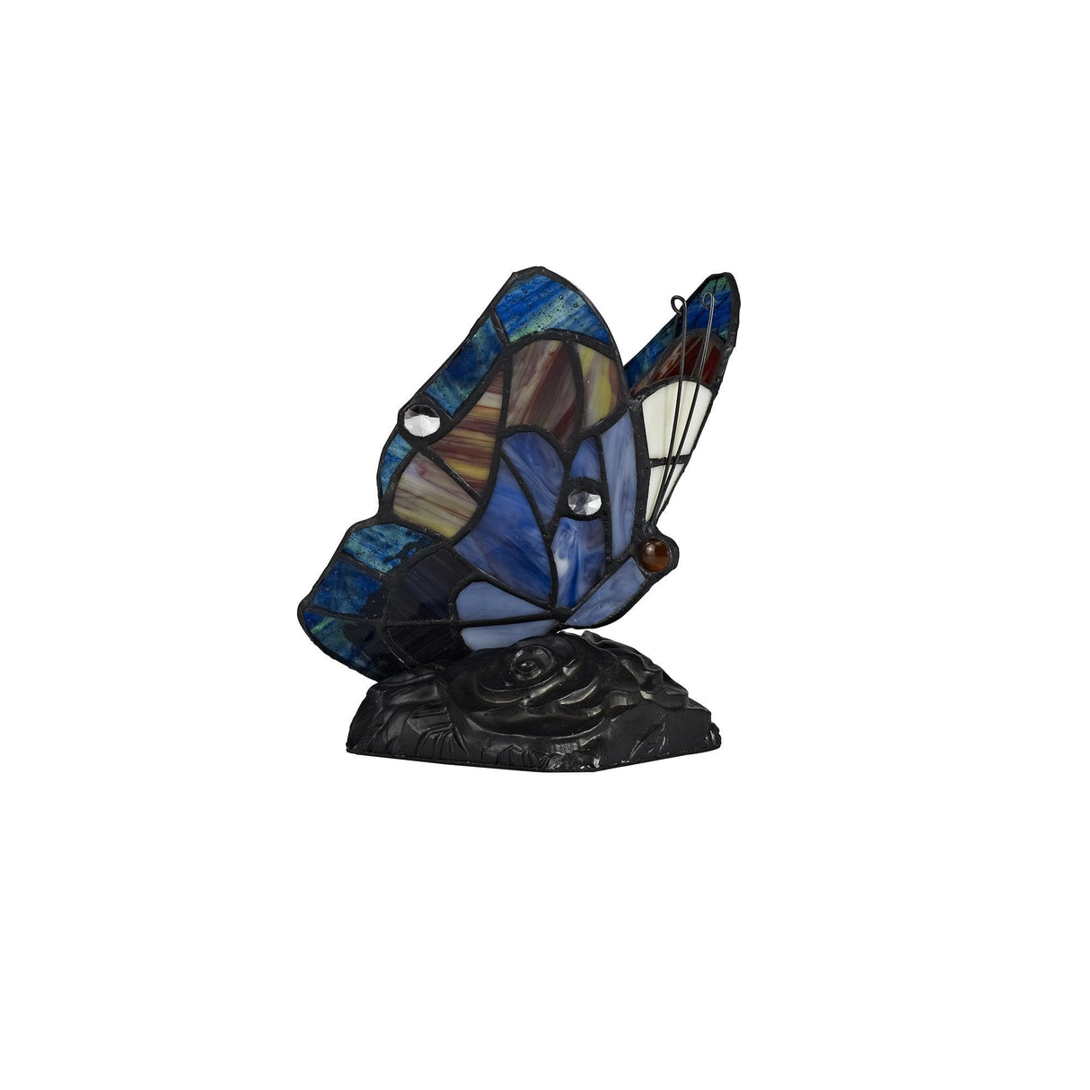 Tiffany Inspired Butterfly Accent Lamp with Blue/Brown Stained Glass and Crystal Detailing