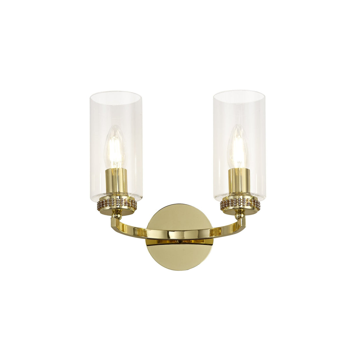 Elegant Gold Wall Lamp with Clear Crystal Accents, Dual E14 Sockets