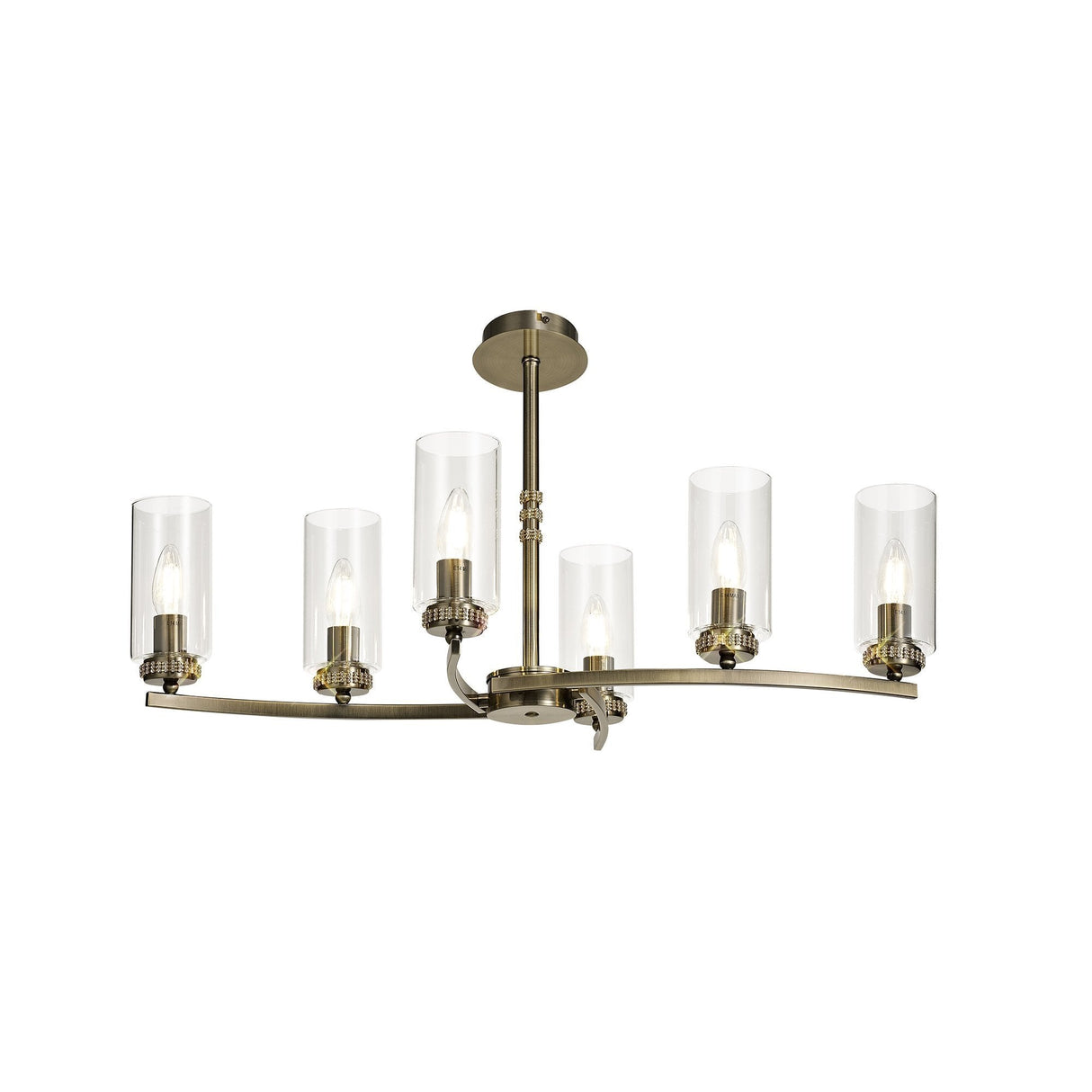 Antique Brass Pendant/Semi Flush Ceiling Light with Clear Crystals, 6-Light E14