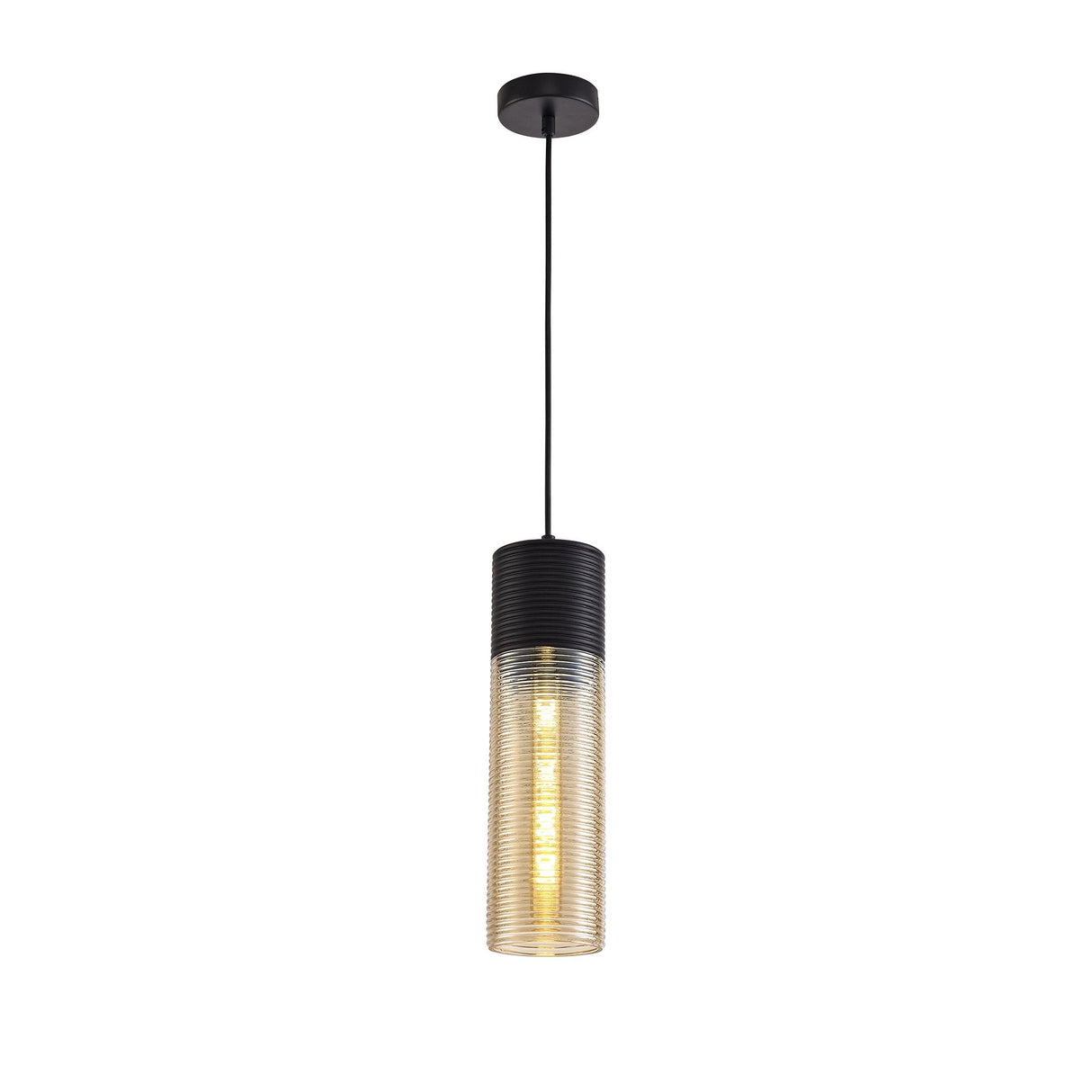 Sleek Black Pendant Light with Amber Glass Shade, E27 Socket