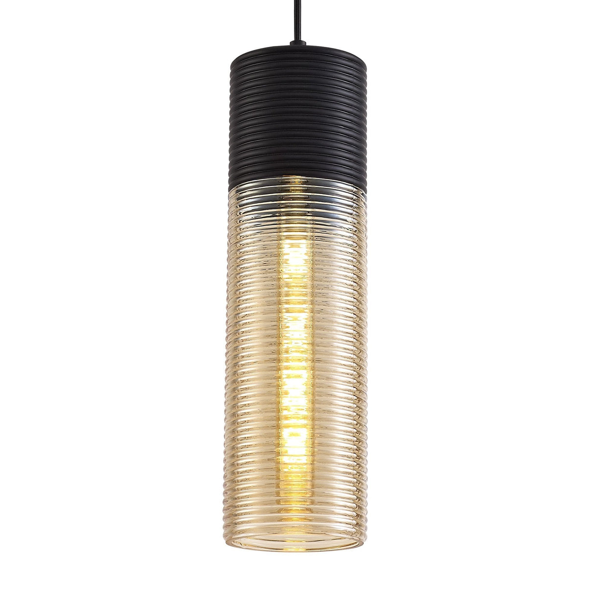 Sleek Black Pendant Light with Amber Glass Shade, E27 Socket