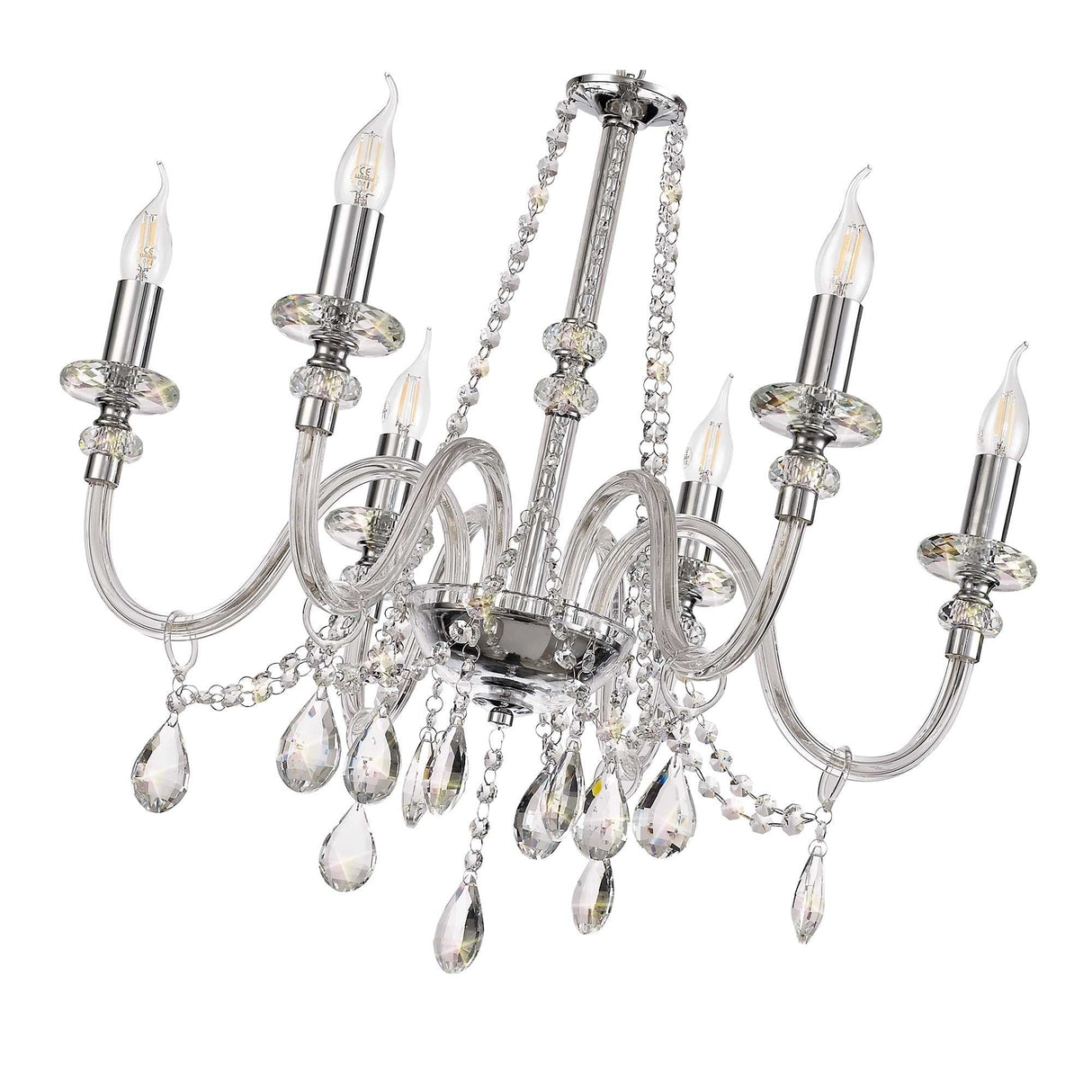 Elegant Polished Chrome & Crystal 6-Light Chandelier Pendant